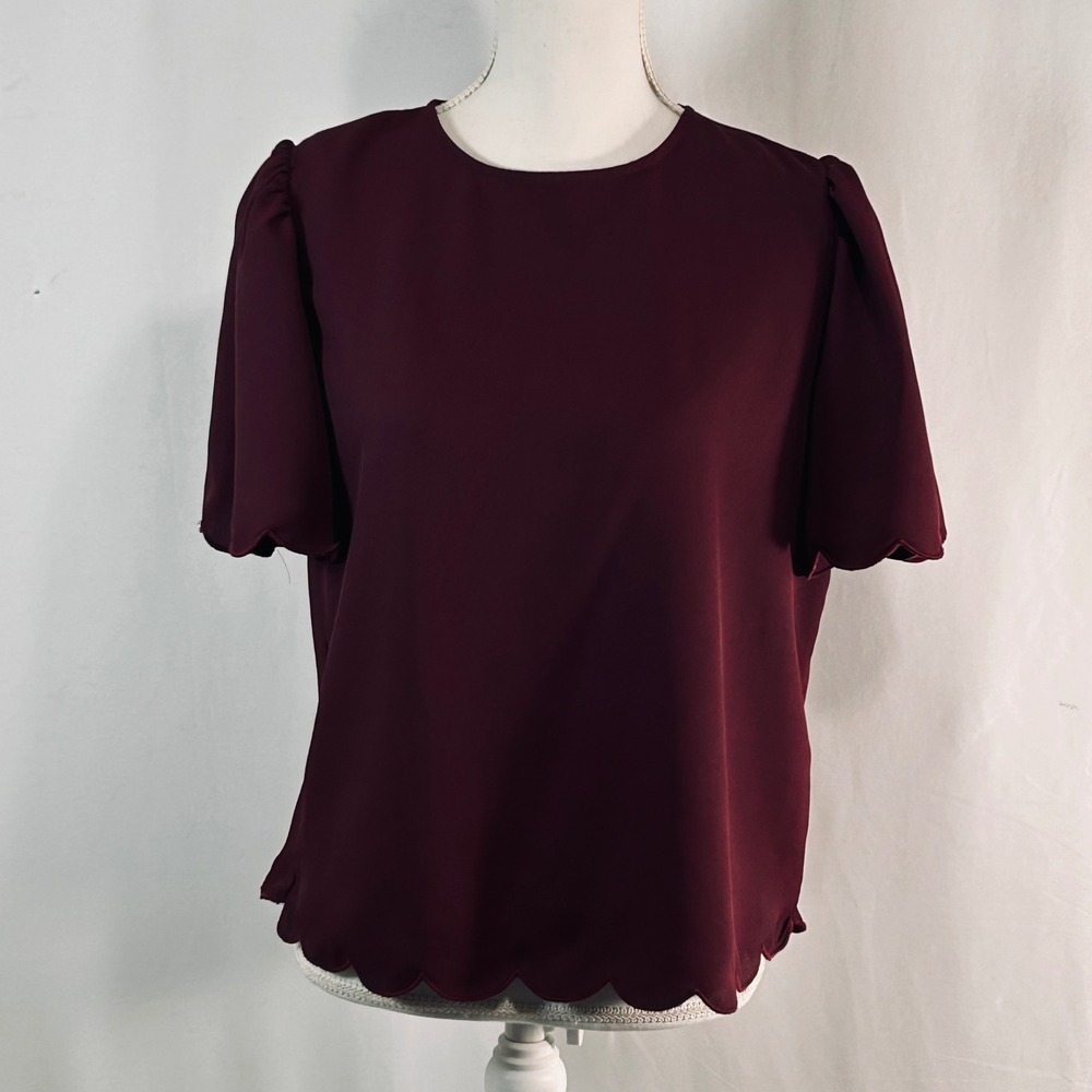 Express Burgundy Scallop Hem Puff Sleeve Blouse Crew Neck Keyhole Back Top M